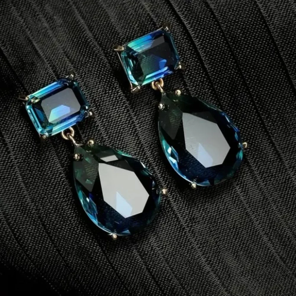 Green Blue Gradient Crystal Waterdrop Dangle Earrings Elegant Statement Jewelry - Picture 7 of 11
